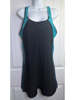 Mycharmo  One-Piece Swim Shorts 2XL Black & Teal UPF 50+ Modest Racerback Design